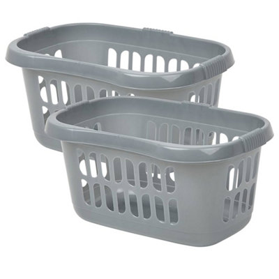 2 x Silver Plastic Laundry Baskets For Washing Clothes & Laundry