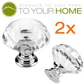2 x Small Crystal Door Knobs Diamond Glass Clear Cabinet Drawer Wardrobe Handle
