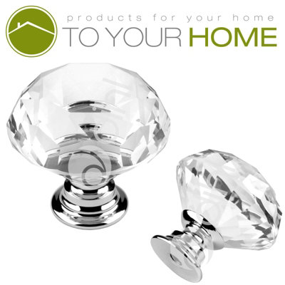 2 x Small Crystal Door Knobs Diamond Glass Clear Cabinet Drawer Wardrobe Handle