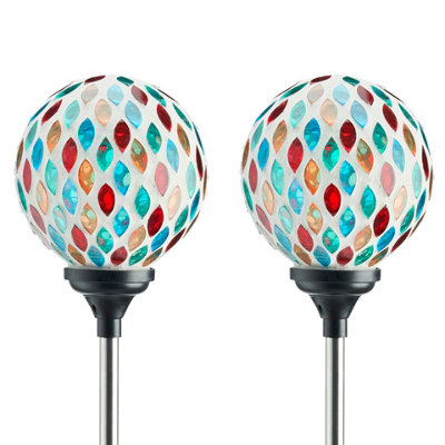 2 x Solar Mosaic Globe Stake Light - H75 x 9cm Colourful Outdoor Garden Lighting for Borders, Pathway, Patios, Balcony, Lawns