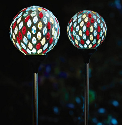 2 x Solar Mosaic Globe Stake Light - H75 x 9cm Colourful Outdoor Garden Lighting for Borders, Pathway, Patios, Balcony, Lawns