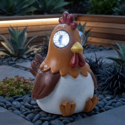 2 x Solar-Powered Blinking LED Cockerel Garden Statue