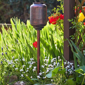 2 x Solar Powered Bronze Effect Flaming Torches - Decorative Garden Stake Lights with Silhouette Pattern - H105 x 12cm Diameter