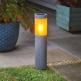 2 x Solar Powered Flaming Bollard Lights - Grey Faux Rattan Outdoor Garden Flame Effect Stake Lights - Each H35.5 x 8cm Diameter