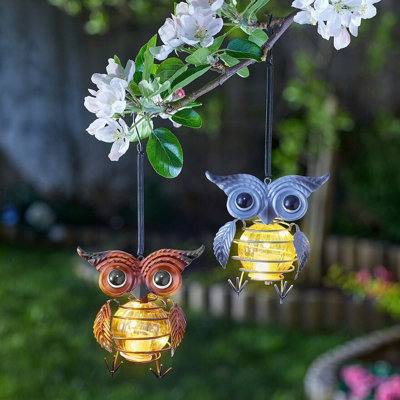 2 x Solar Powered Miniature Owl Lights - Weather Resistant Outdoor Garden Decorations with LED Firefly Lighting & Hanging Hook