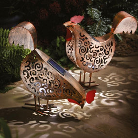 2 x Solar Powered Silhouette Hens - Handmade Metal Outdoor Garden Chicken Ornaments with LED Light & Scroll Effect Cut Out Detail