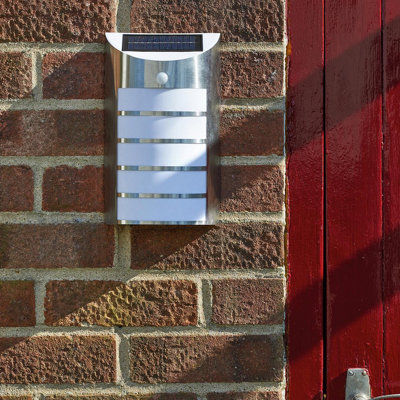 2 x Solar Powered Welcome Lights - 100 Lumen Stainless-Steel Cordless PIR Motion Sensor Entrance Porch Lamps - H28 x W16 x D7.5cm