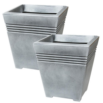 2 x Square Venice Planters Lightweight Grey Flower Pots For Home, Garden & Patios