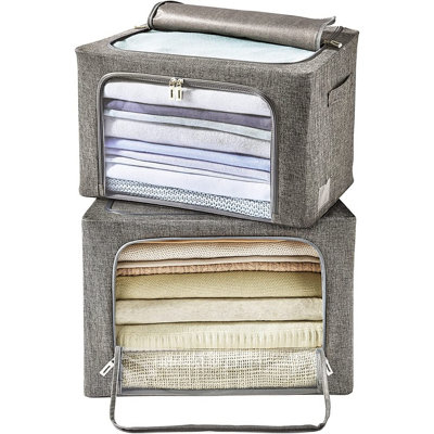2 x Stackable Foldaway Grey Storage Boxes - Sturdy Clothes Organiser Box with Zipped Front & Viewing Window - 33 x 50 x 40cm
