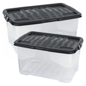 2 x Stackable & Strong Durable 100 Litre Curve Plastic Storage Boxes With Black Lids For Home & Office