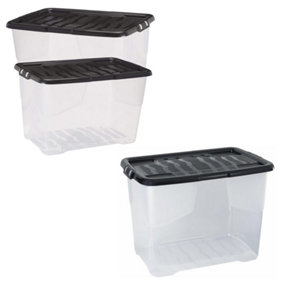 2 x Stackable & Strong Durable 24 Litre Curve Plastic Storage Boxes With Black Lids For Home & Office