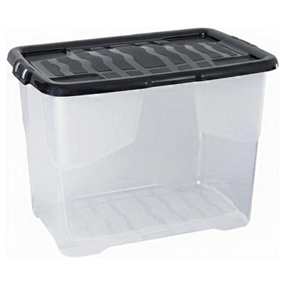 2 x Stackable & Strong Durable 24 Litre Curve Plastic Storage Boxes With Black Lids For Home & Office