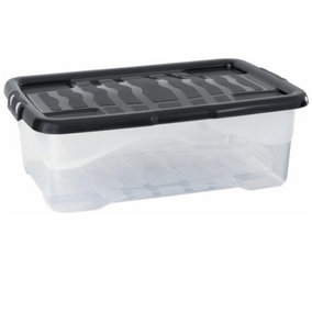 2 x Stackable & Strong Durable 30 Litre Curve Plastic Storage Boxes With Black Lids For Home & Office