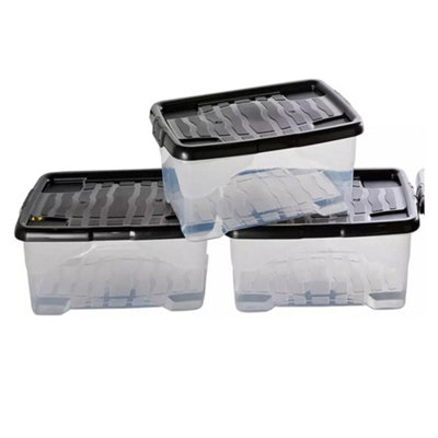 2 x Stackable & Strong Durable 30 Litre Curve Plastic Storage Boxes With Black Lids For Home & Office