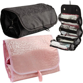 2 x Store & Fold Toiletry Bags - Stylish His & Hers Travel Wash Bags with 4 Clear Zipped Compartments - 1 of Each Pink & Black