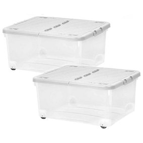 2 x Strong 30 Litre Wheeled Plastic Containers For Home & Office Complete With Folding Split Lids