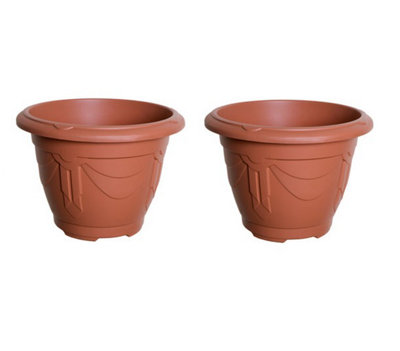 2 x Terracotta Colour Round Venetian Pot Decorative Plastic Garden Flower Planter Pot 33cm