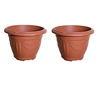 2 x Terracotta Colour Round Venetian Pot Decorative Plastic Garden Flower Planter Pot 43cm