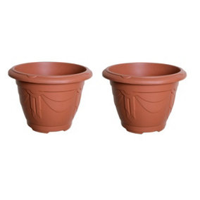 2 x Terracotta Colour Round Venetian Pot Decorative Plastic Garden Flower Planter Pot 43cm