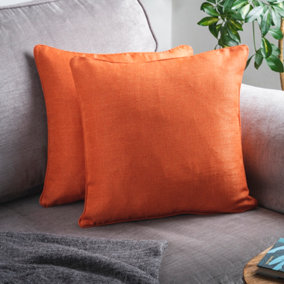2 x Terracotta Cushions with Inserts - Large Square Jewel Toned Textured Zipped Covers with Hollowfibre Pads - Each 46 x 46cm