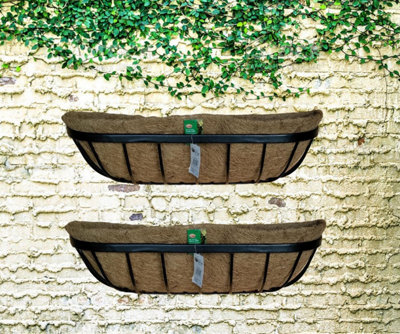 2 x Wall Trough Planter & Coco Liner 24 Inch Wrought Iron Wall Mounted Flower Basket