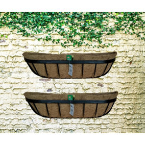 2 x Wall Trough Planter & Coco Liner 24 Inch Wrought Iron Wall Mounted Flower Basket