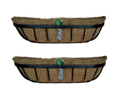 2 x Wall Trough Planter & Coco Liner 24 Inch Wrought Iron Wall Mounted Flower Basket