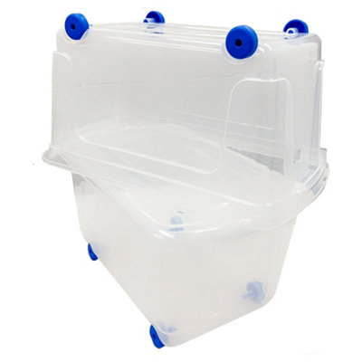 2 x Wheelie Plastic Storage Boxes 45 Litre With Lids & Built In Wheels Reinforced Base For Home & Office