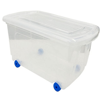 2 x Wheelie Plastic Storage Boxes 45 Litre With Lids & Built In Wheels Reinforced Base For Home & Office