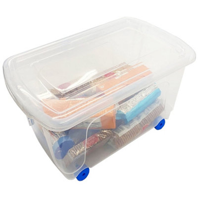 2 x Wheelie Plastic Storage Boxes 45 Litre With Lids & Built In Wheels Reinforced Base For Home & Office
