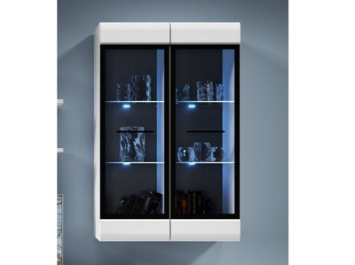 2 x White High Gloss Wall Display Cabinets Glass Door LED Lights Tall Unit Fever