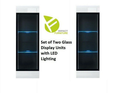2 x White High Gloss Wall Display Cabinets Glass Door LED Lights Tall Unit Fever