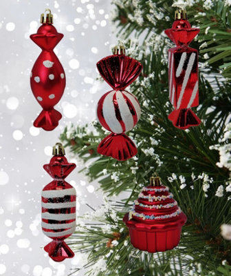 20 Candy Cane Baubles Christmas Tree Decorations Red & White Glitter ...