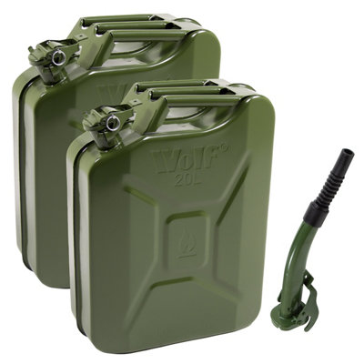 20 Litre Metal Jerry Can & Spout Wolf Army Green with Leak-proof Bayonet Closure - Pack of 2