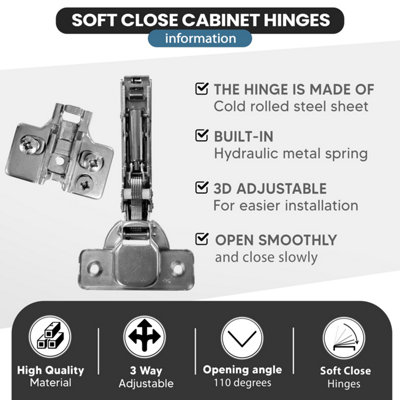 20 PACK Premier Soft Close Kitchen/ Bedroom Cabinet Door Hinges Including Screws and Clip on Backplate Adjustable - 3