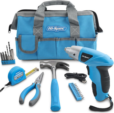 20 PC Blue Hand Tools Set With Cordless Screwdriver in a Bag and Ideal ...