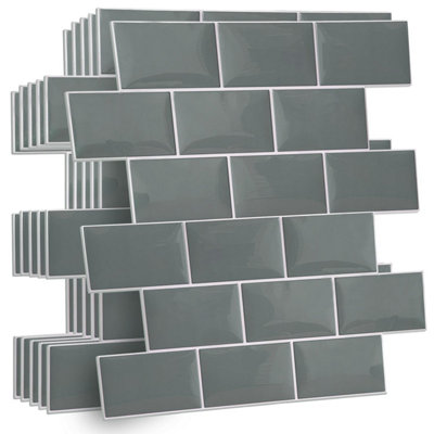 20 Pcs 30.5 x 15.4cm Grey Metro Subway Stick on Tiles for Kitchen Walls - Peel and Stick Wall Tiles for Bathroom