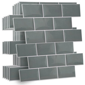 20 Pcs 30.5 x 15.4cm Grey Metro Subway Stick on Tiles for Kitchen Walls - Peel and Stick Wall Tiles for Bathroom