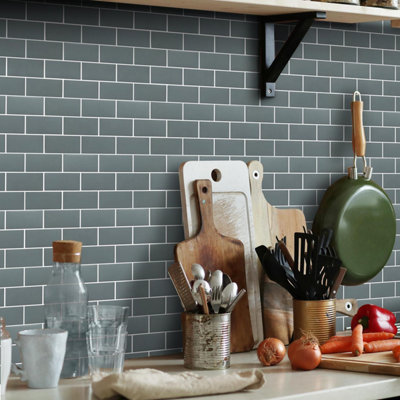 20 Pcs 30.5 x 15.4cm Grey Metro Subway Stick on Tiles for Kitchen Walls - Peel and Stick Wall Tiles for Bathroom