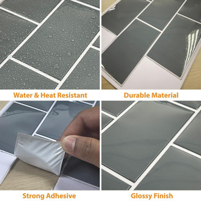 20 Pcs 30.5 x 15.4cm Grey Metro Subway Stick on Tiles for Kitchen Walls - Peel and Stick Wall Tiles for Bathroom