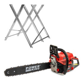 20'' Petrol Chainsaw PowerKing 52cc with Easy Start & Chain + Folding Log Saw Horse