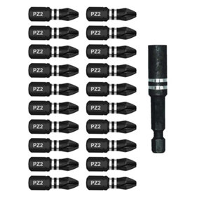20 Pieces 25mm S2 Steel Impact Bits P22 With Extension Bar