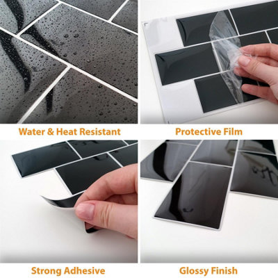 20 Pieces 30.5 x 15.4 cm 3D Tile Stickers Black Metro Subway - 7