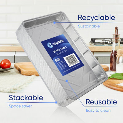 20 Pk Coppice Aluminium Foil Tray for Baking, BBQ, Roasting, Grilling & Food Storage 32 x 20 x 3cm. Freezer & Oven Safe