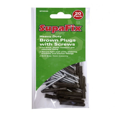 20 x Heavy Duty Brown Raw Wall Plugs with 50mm Screws Drill Size 7mm