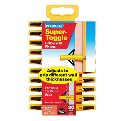 20 x Plasplugs Super Toggle Raw Plug Fixings for Plasterboards and ...