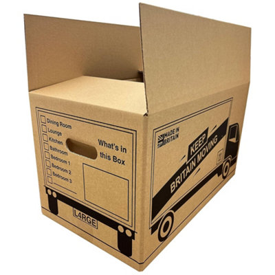 20 x Strong Large Cardboard Storage Moving House Packing Boxes 52cm x 30cm x 30cm 47 Litres Carry Handles and Room List