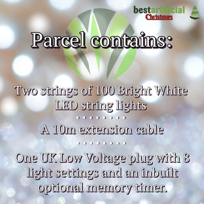 200 Bright White LED's Clear Cable Connectable Indoor & Outdoor Garden Party Waterproof String Lights (20m) Low Voltage Plug - 5