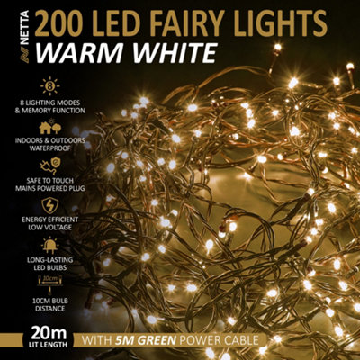 200 LED 20M Fairy String Lights Outdoor and Indoor Plug In - Warm White
