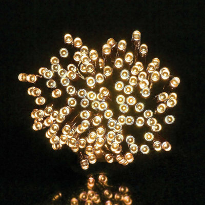 200 LED solar string lights, 8 effects from static to twinkling. Auto on at dusk. 21.9m weather-resistant. Warm White